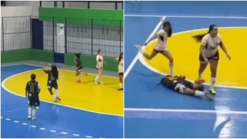 Vídeo mostra comemoração de gol antes de jogadora de futsal ser agredida com chutes na cabeça