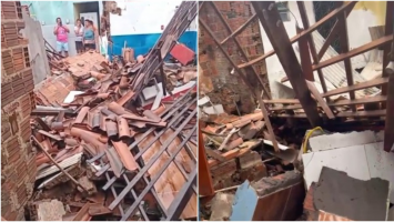 Muro desaba com fortes chuvas, e Defesa Civil interdita casas no Mondubim