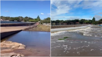 Águas do Balneário do Boi Morto transbordam após fortes chuvas na Região da Ibiapaba, no Ceará