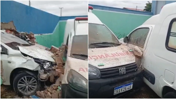 Carro derruba muro de hospital e atinge ambulâncias em Independência